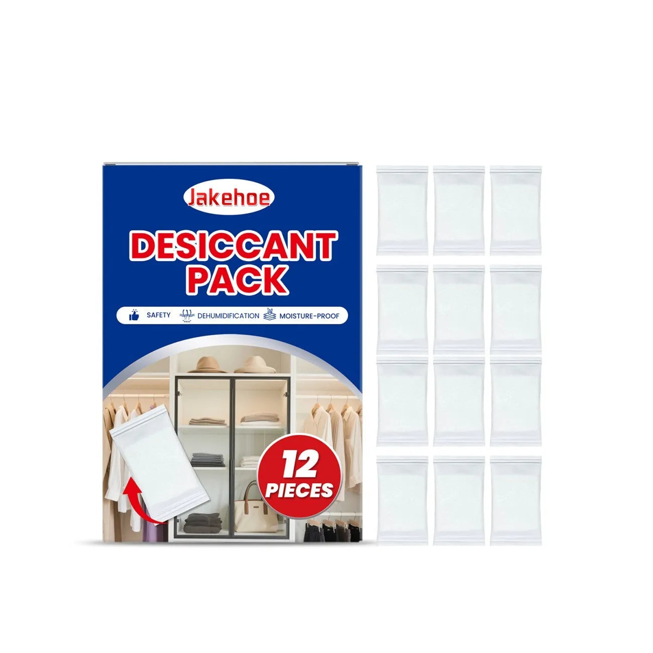 Twelve white calcium chloride desiccant sachets, each 100g, for absorbing moisture in wardrobes and cupboards.