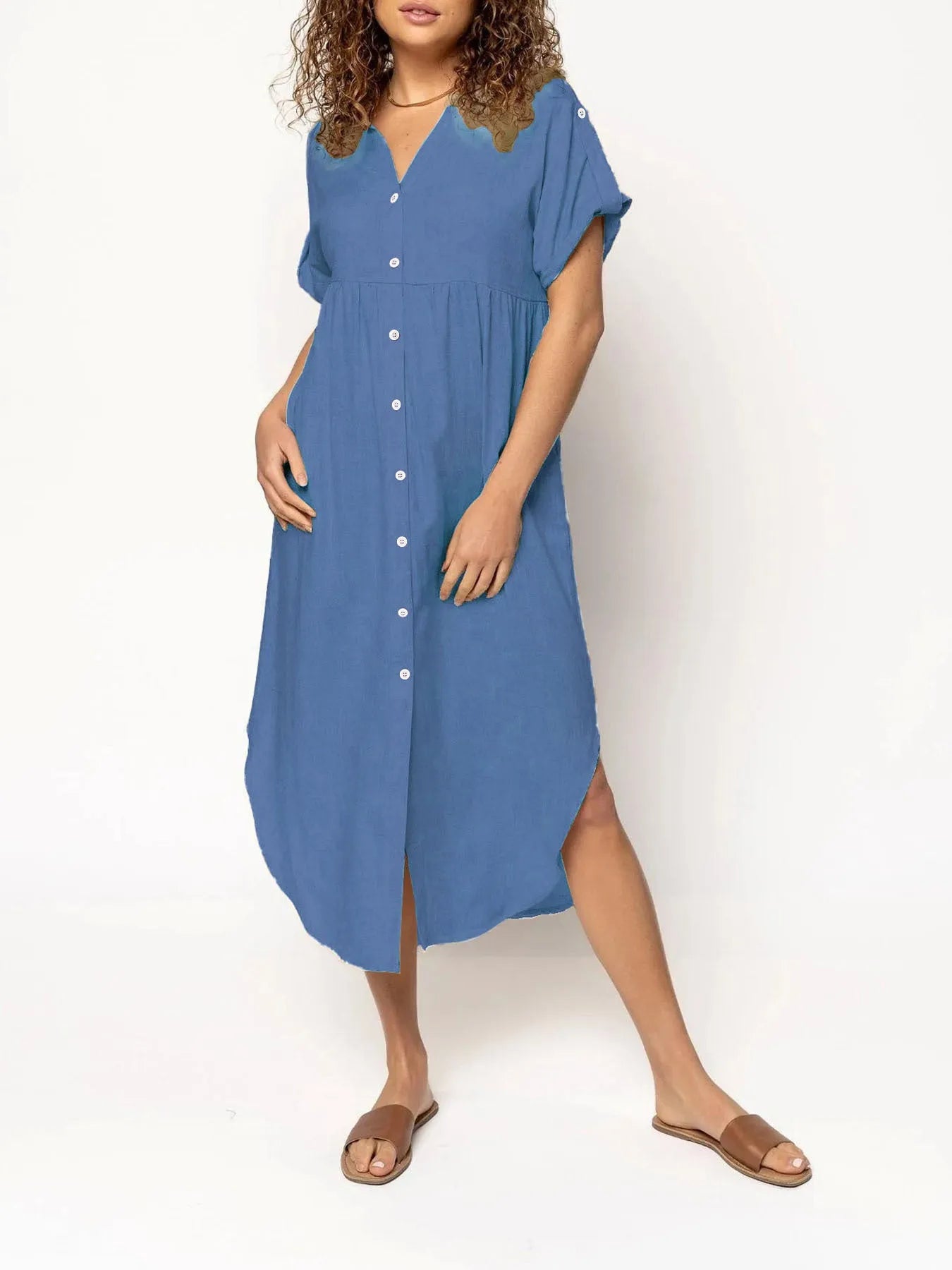 Women's loose-fit mid-length casual dress with button front in a solid colour.
