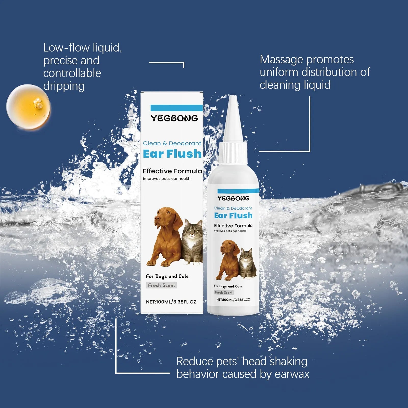 100ml bottle of cat and dog ear cleaning solution with applicator for gentle earwax removal