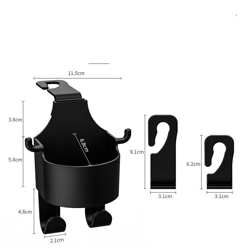 Black plastic car seat back organiser with cup holder and hook measuring 8.5cm wide