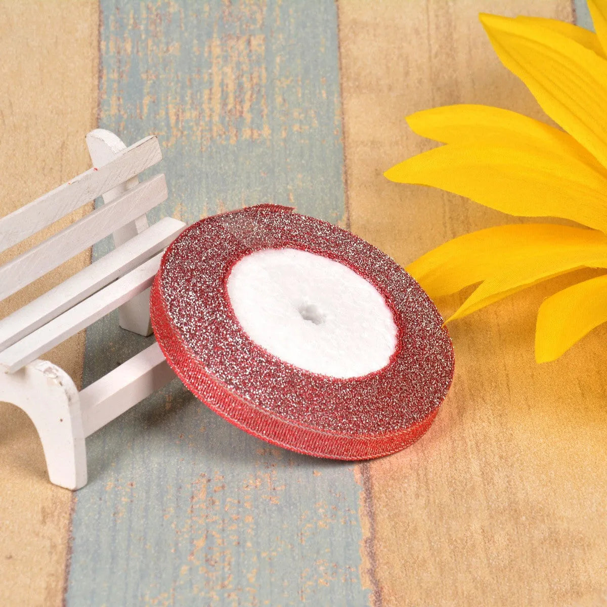 Colourful green onion pattern polyester ribbon with gold wire detailing, 1cm wide.