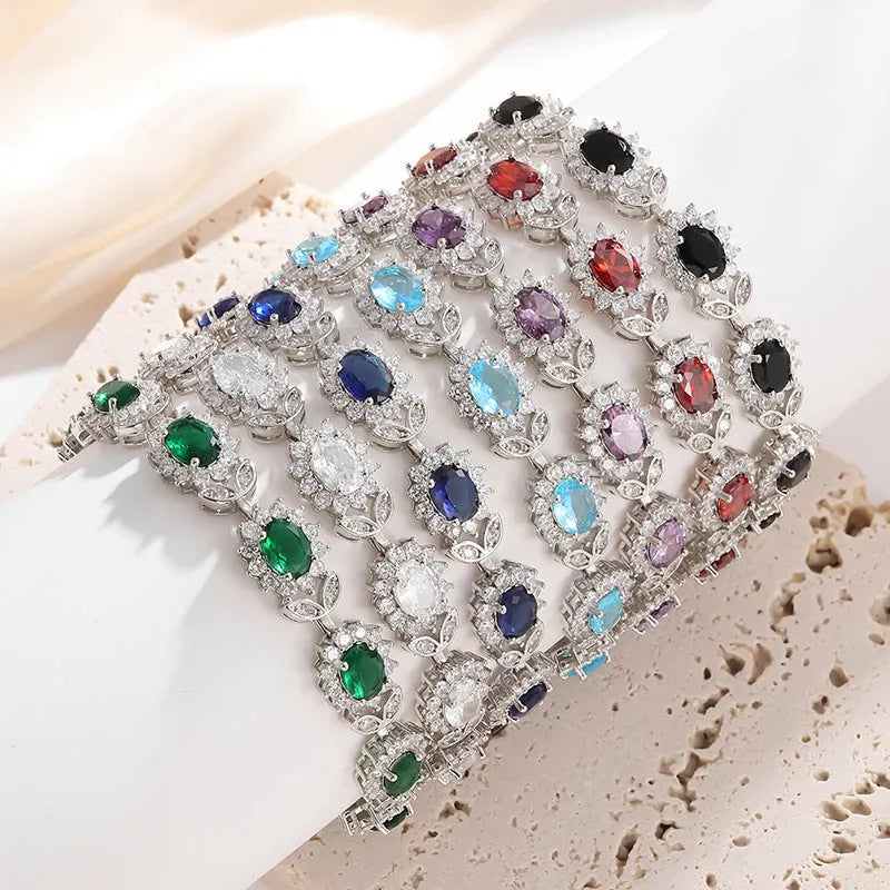 Women's simple zircon bracelet in environmentally friendly alloy with nine gemstone colour options
