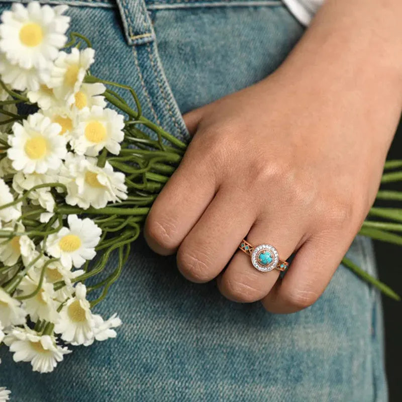 Rose gold women's turquoise ethnic style ring with geometric shapes and inlaid zircon decoration