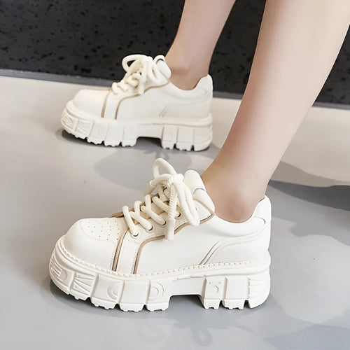 Women's beige casual leather shoes with height increasing rubber foam soles in UK size 37