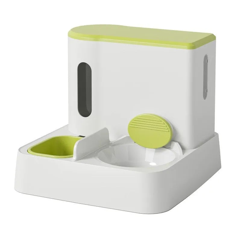 Grey automatic cat feeder and water dispenser double bowl unit on floor
