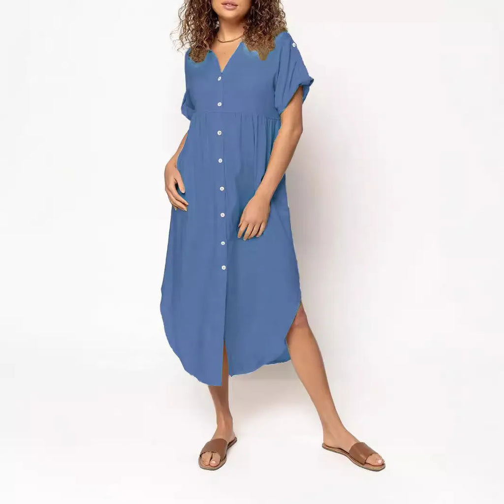 Women's loose-fit mid-length casual dress with button front in a solid colour.