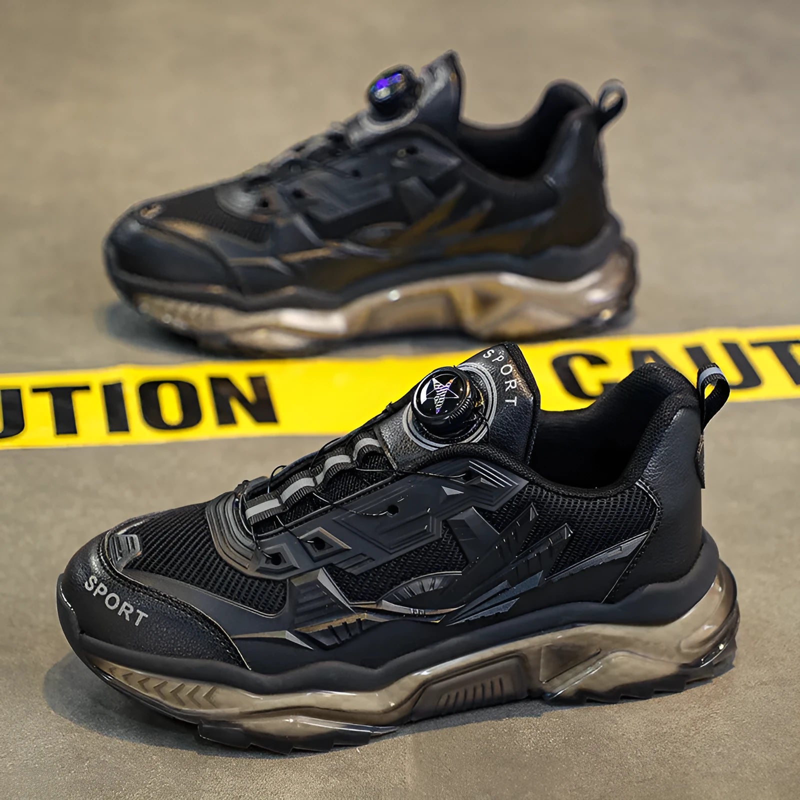 Men's black rotating button dad shoes with mesh upper and rubber platform sole