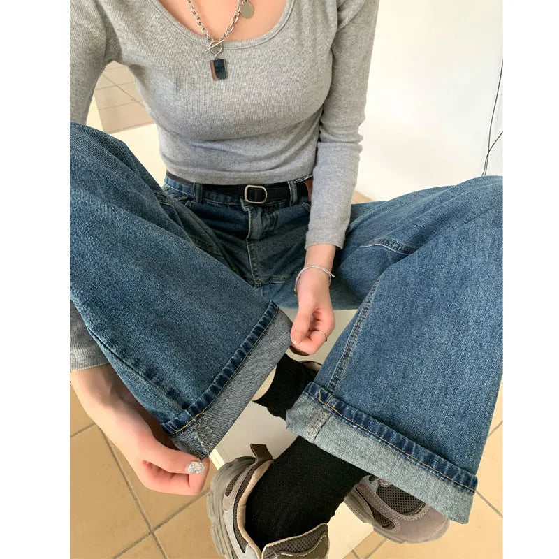 Women's retro blue straight leg jeans with high waist and non-stretch cotton denim fabric in three length variations