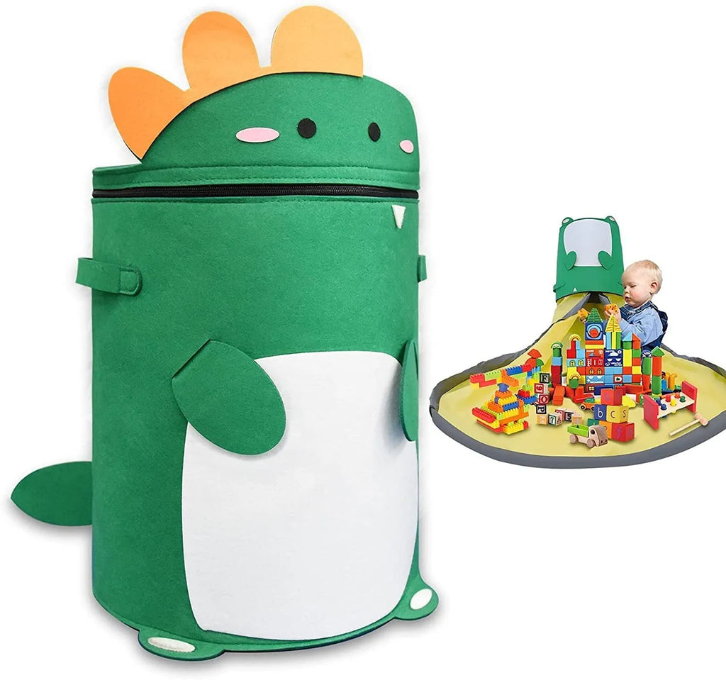 Green felt cube storage bag with pull rope shown as both toy container and play mat