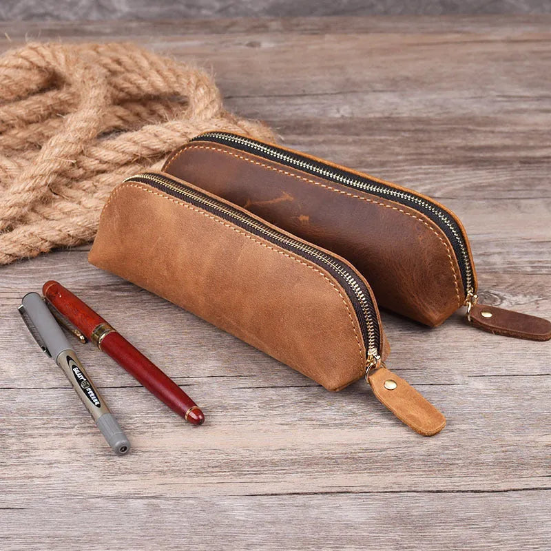 Genuine cowhide leather pencil case with square 18cm x 6cm dimensions and zipper closure