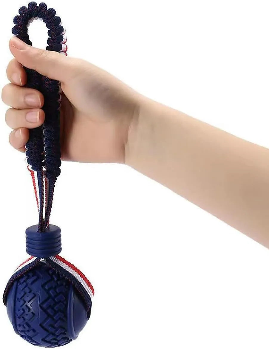 Blue dog ball with rope toy showing 29cm length and textured 6.5cm rubber ball