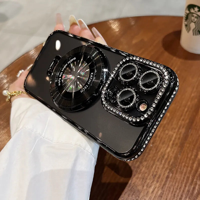 Transparent silicone iPhone case with magnetic bracket and rhinestone decoration in five colour options