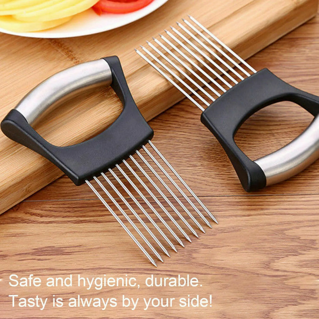 Stainless steel onion holder slicer with ABS handle on a kitchen worktop
