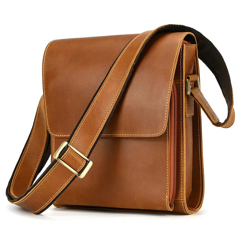 Men's brown leather crossbody shoulder bag with retro styling and sewing detail accents