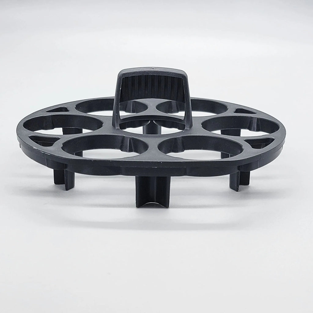 Black plastic egg holder basket with dimensions 13.8 by 12.6 cm.