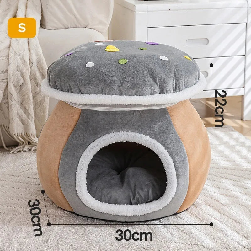 Grey mushroom-shaped hooded cat bed made of soft rabbit plush, shown with a cat inside.