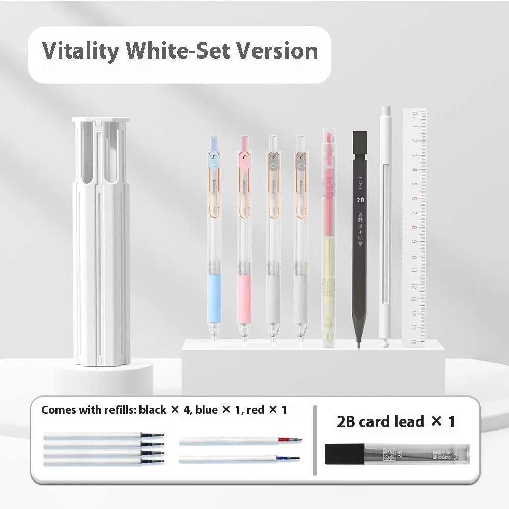 Plastic pressing pen pencil case kit in Sky Blue, Vigorous White, and Girl Pink colours for six or sixteen pens