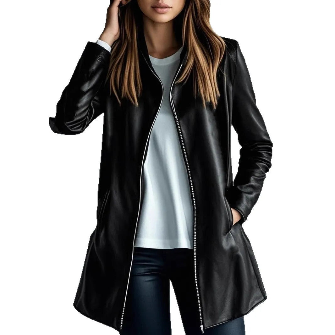 Black women's polyester leather jacket on a hanger, showing long sleeves and medium length.