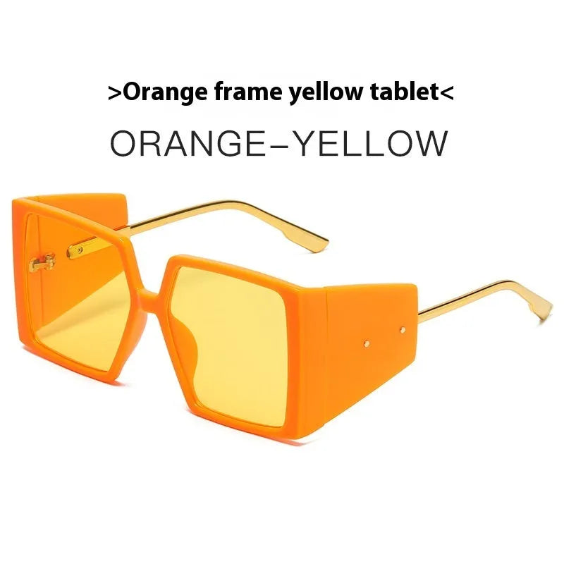 Large square frame sunglasses showing available colour options including black, blue, and orange frames.