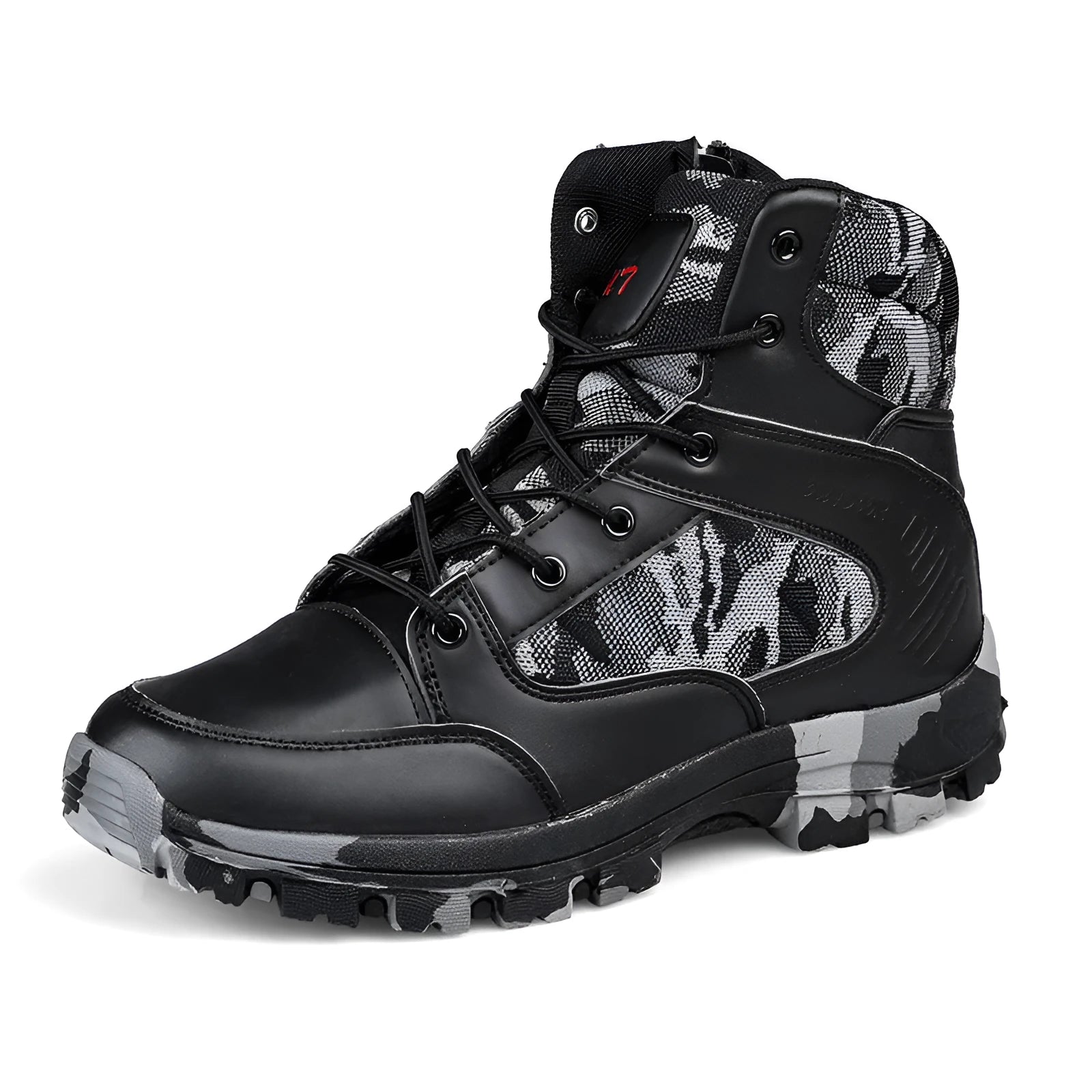 Men's black high-top hiking shoes with artificial PU upper and metal details for outdoor travel.