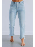 Women's solid colour denim jeans with hand-sanded distressing in dark blue and light blue colour options