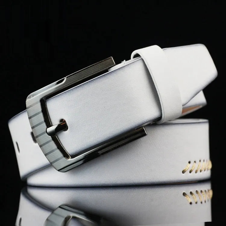 Men's retro style casual belt with pin buckle and pattern detail on imitation leather strap.