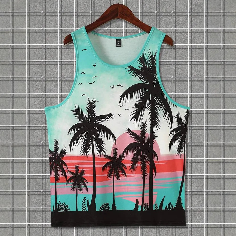 Men's solid colour Hawaiian style sleeveless vest with a 3D printed pattern.