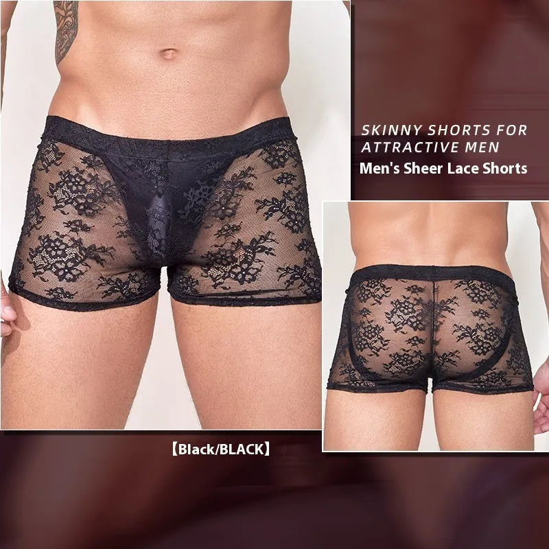 Men's black lace boxers made from nylon fabric in a free size.