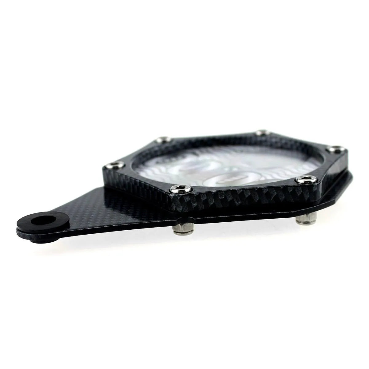 Black carbon fibre pattern motorcycle fuel cap seal with aluminium alloy construction and anti-theft screw