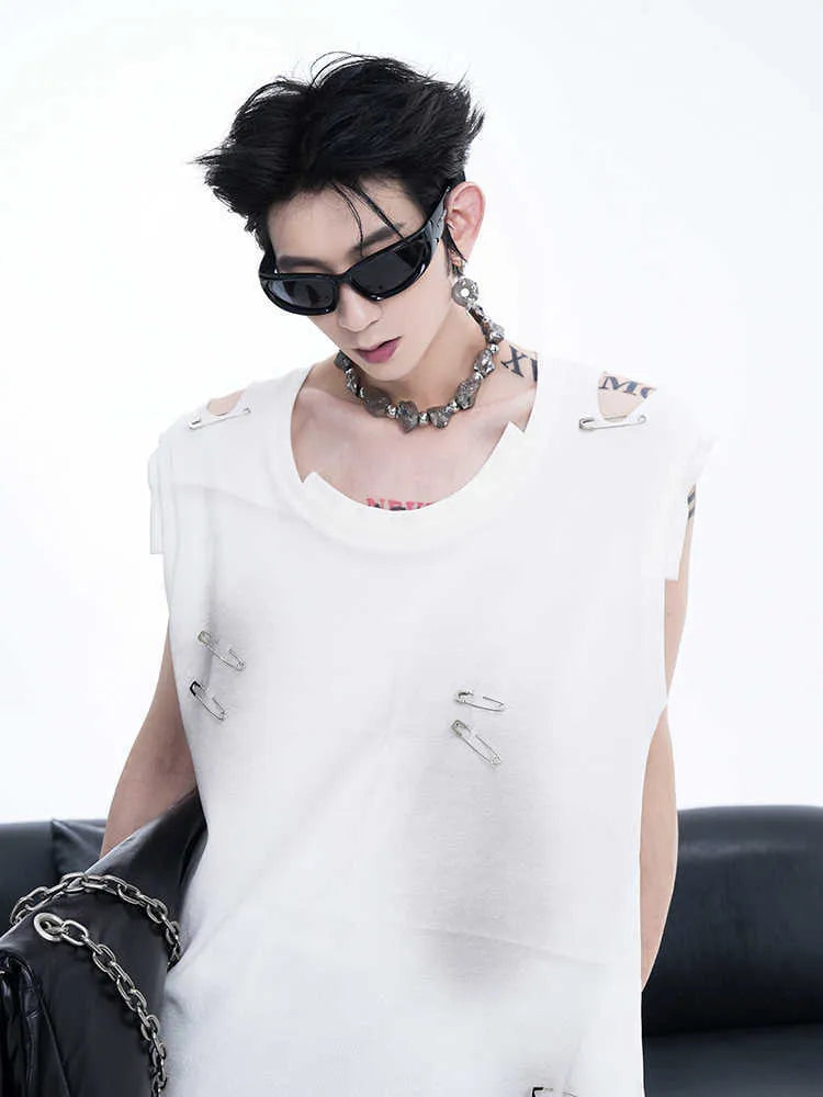 Men's black sleeveless waistcoat vest with irregular ripped cutting piece design and round neck collar