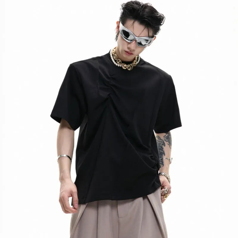 Men's cotton T-shirt with three-dimensional pleats and asymmetric stitching in black colour