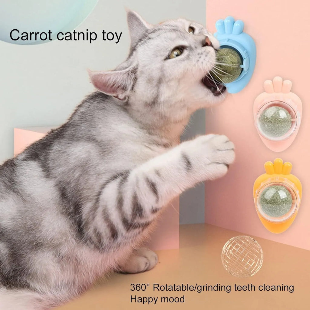 Blue carrot-shaped self-adhesive catnip wall ball for indoor cats with teeth cleaning function