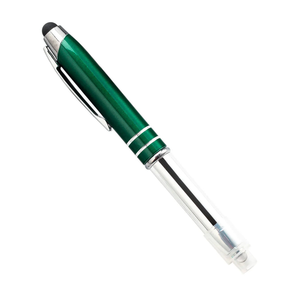Red multifunctional metal-tipped stylus ballpoint pen with a built-in LED light.