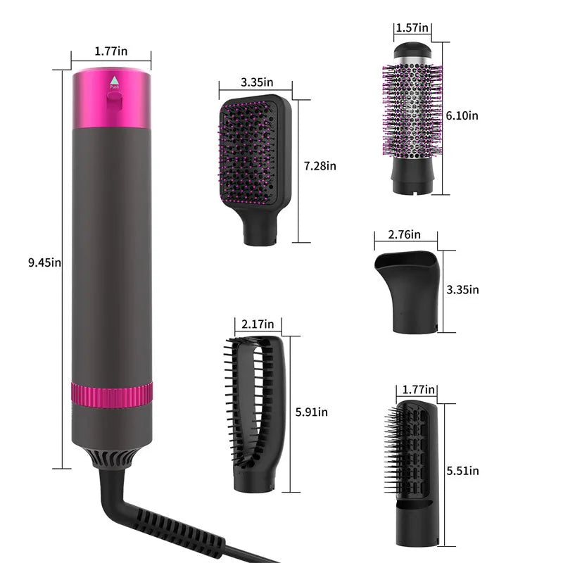 Dyson Grey coloured 5-in-1 hair dryer brush with multiple brush heads displayed beside the main unit.
