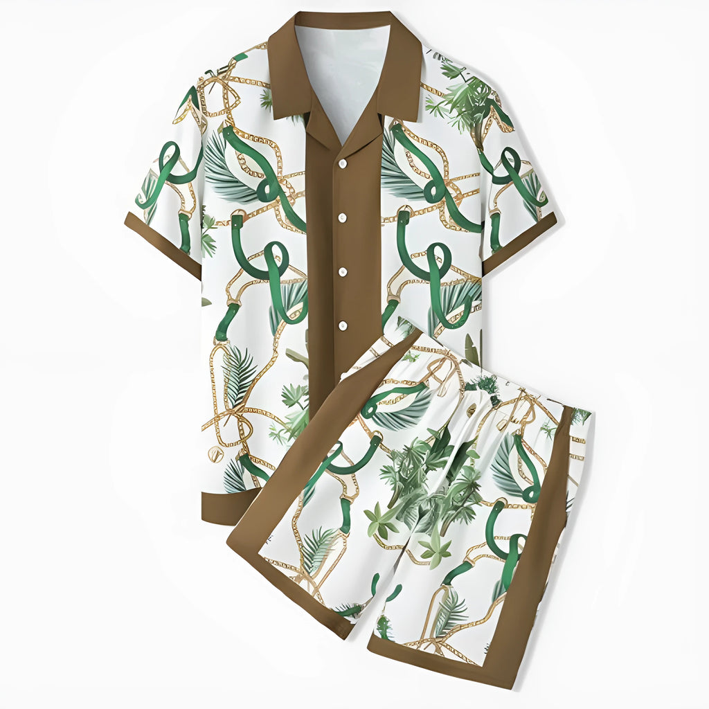 Men's plaid print short sleeve shirt and matching trousers, a two-piece casual beach outfit set.