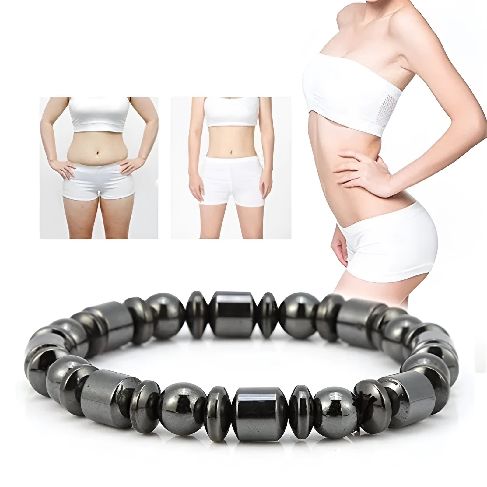 Black magnetic therapy bracelet with pentagram stone, magnetite and hematite construction, stretch design