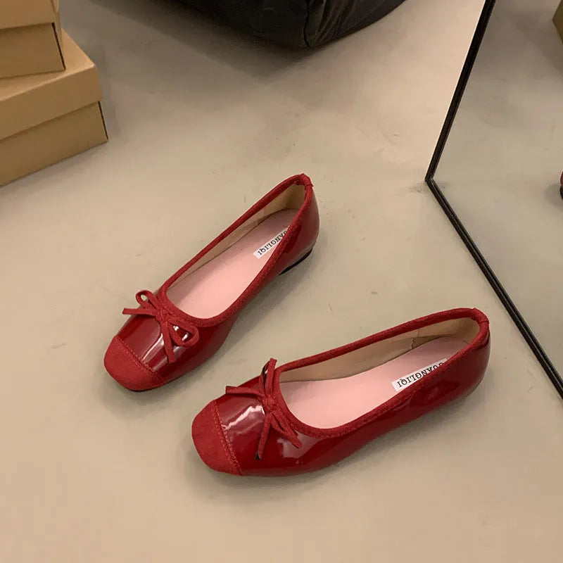 Women's wine red Mary Jane flat shoes with bow detail and square toe