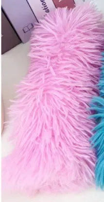 Soft plush cat toy pillow in blue, green, pink, or white, measuring 27cm by 10cm.