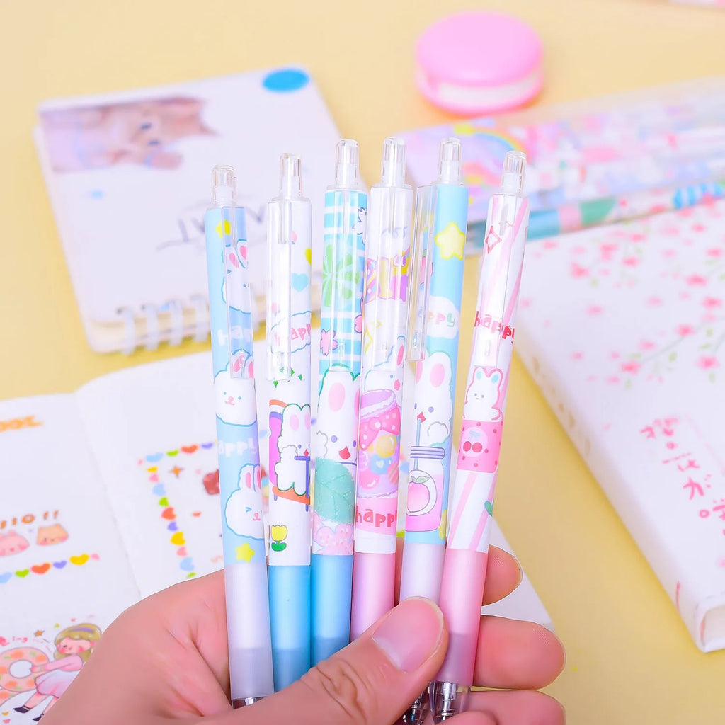 Six cartoon bunny design black ink pens with 0.5mm tips arranged together