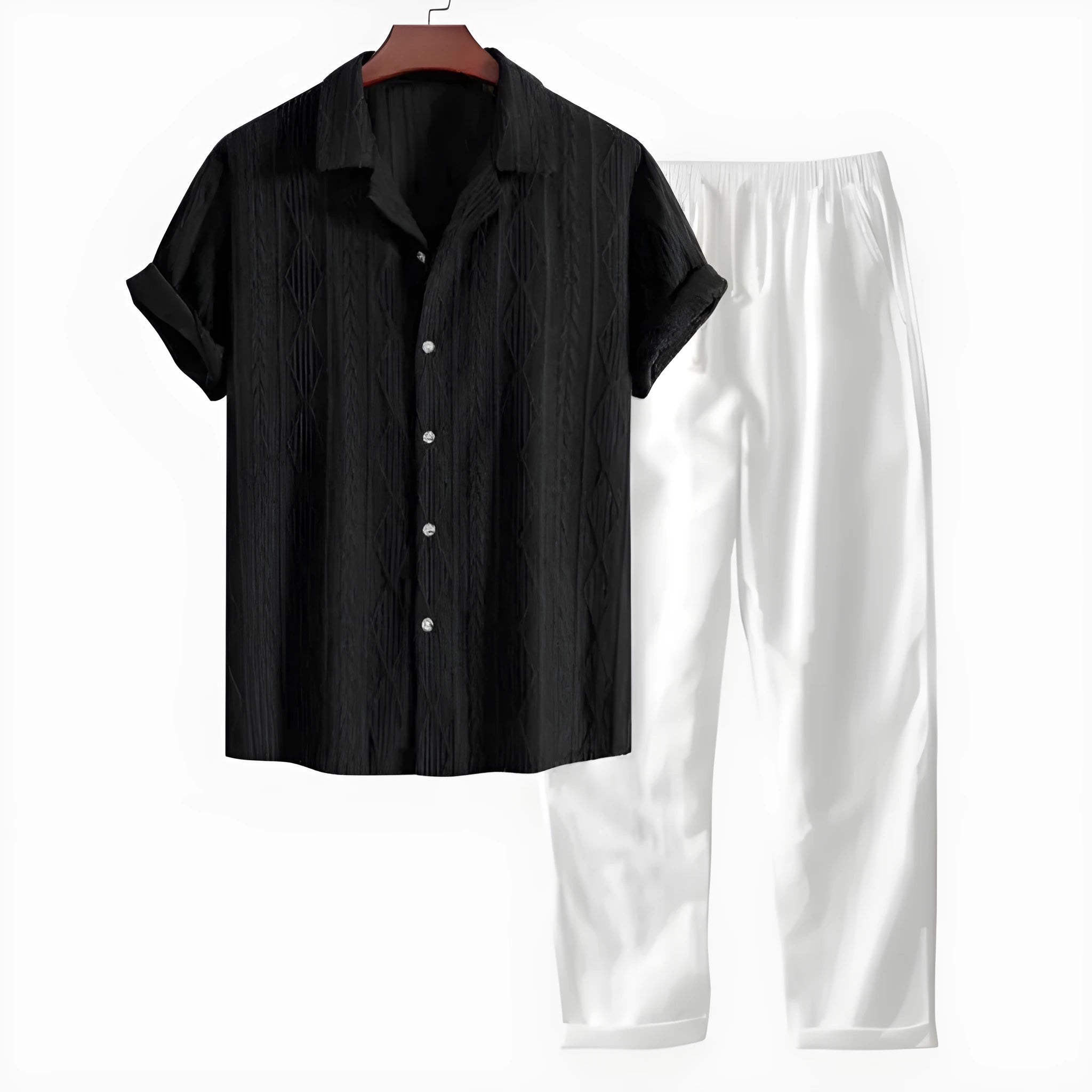 Linen polyester casual suit set with digital camouflage print, showing short sleeve shirt and trousers in slim fit