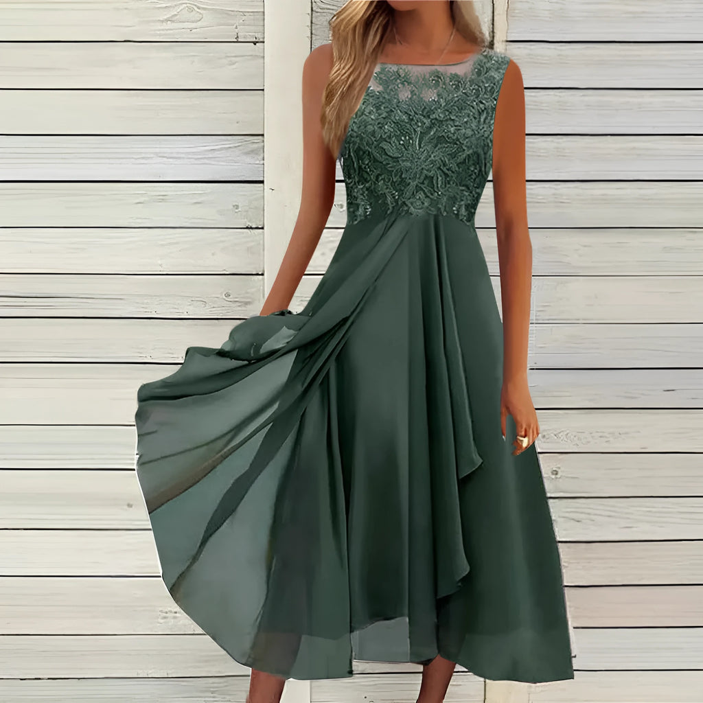 Women's sleeveless chiffon dress with lace hollow-out stitching, midi length, shown in blue.