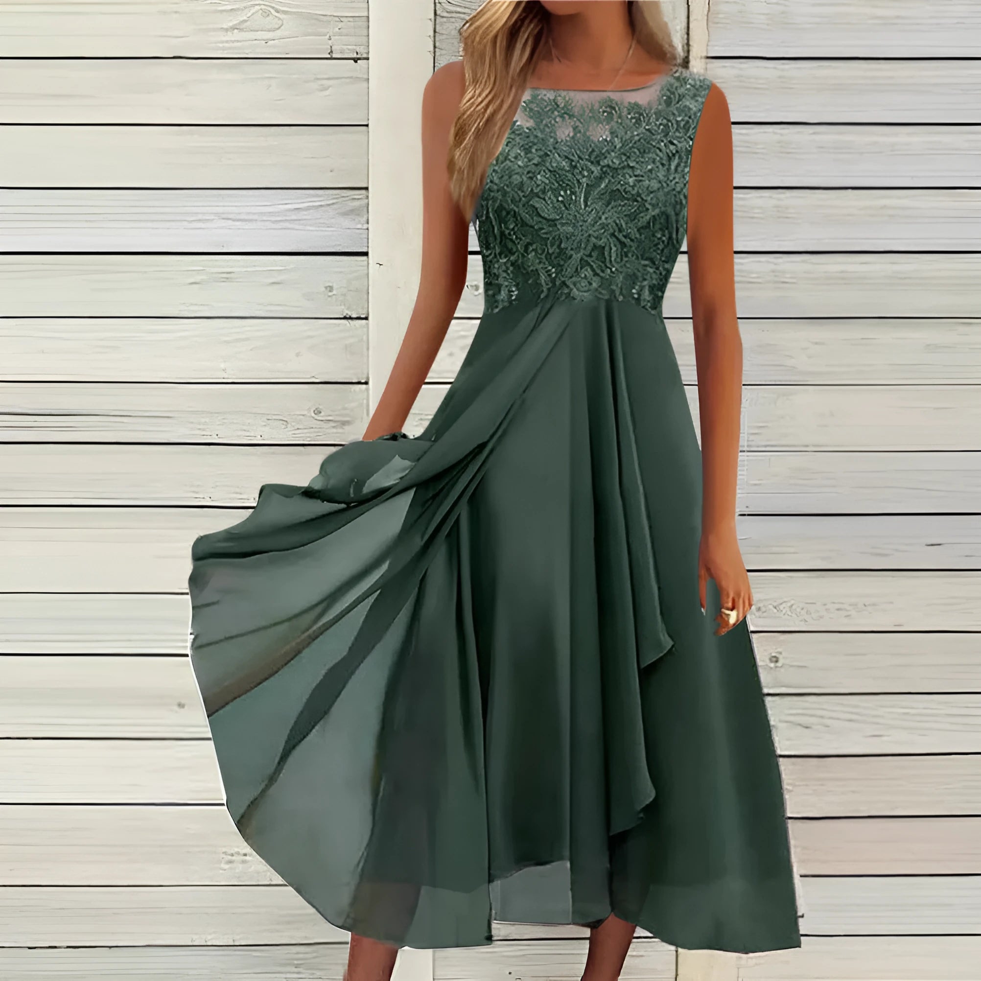 Women's sleeveless chiffon dress with lace hollow-out stitching, midi length, shown in blue.