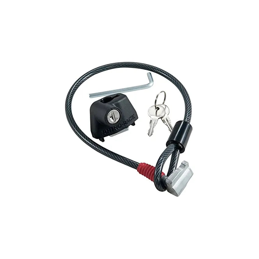 Roof platform steel cable lock with plastic sheath shown securing a ladder, highlighting no-punch installation.
