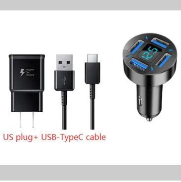 Four-port USB car charger with digital voltage display showing output reading