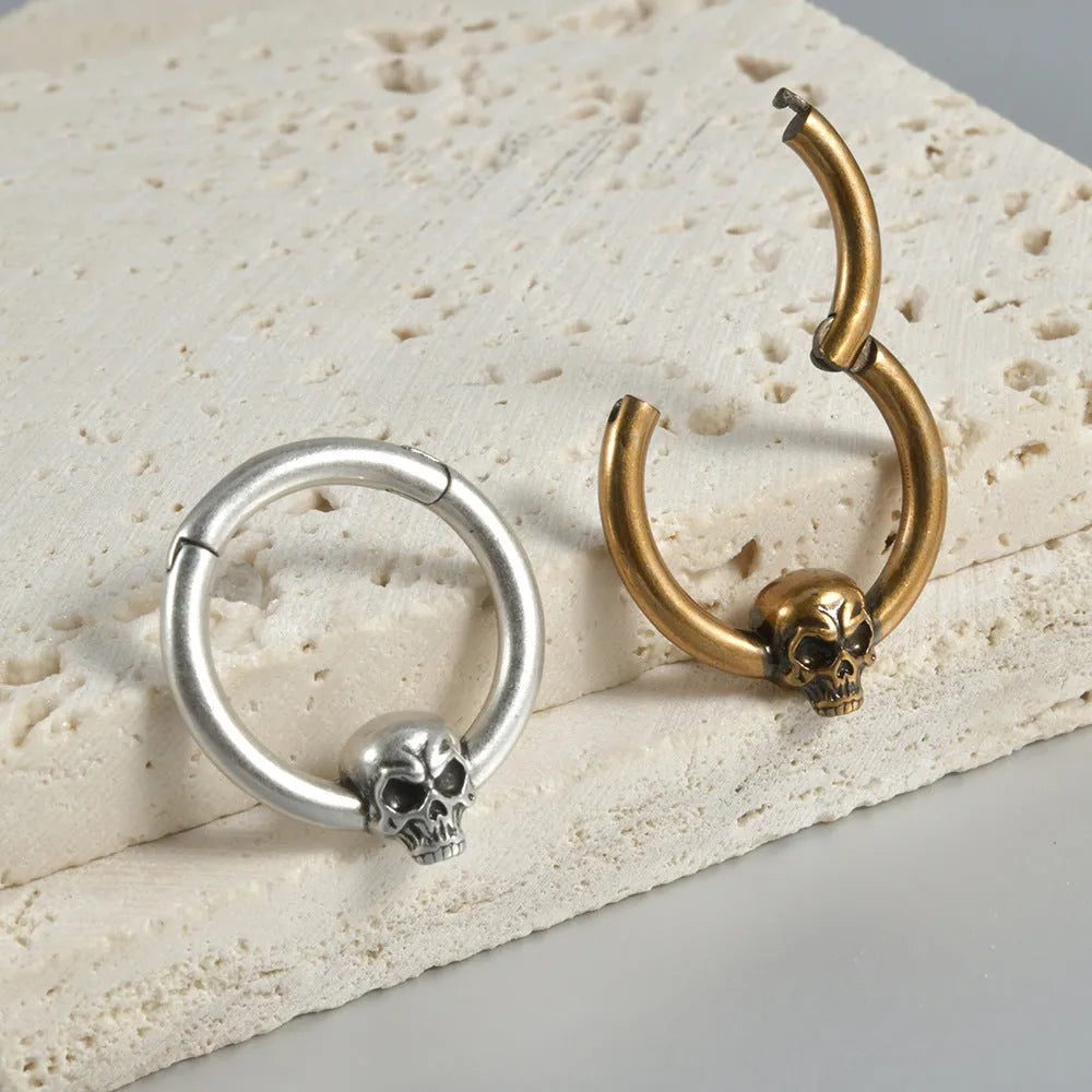 Copper punk earrings with ghost head design in antique silver or ancient gold colour