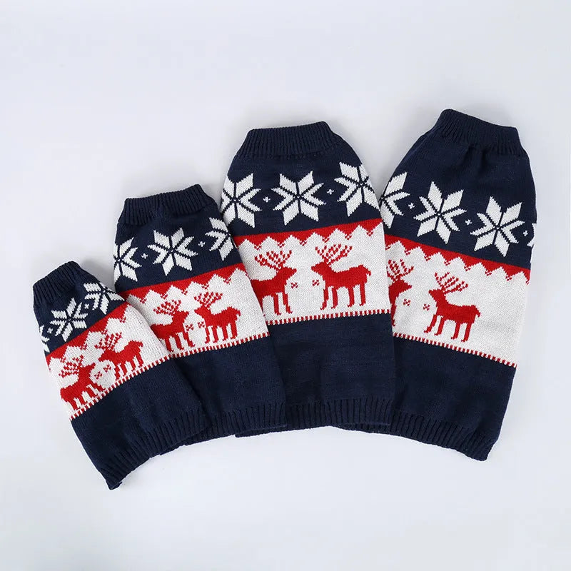 Navy blue knitted Christmas sweater for dogs on various sized pets