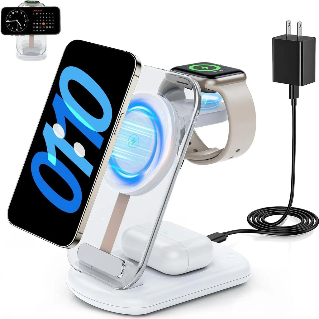 Transparent folding magnetic three-in-one wireless charger for iPhone, AirPods and Apple Watch