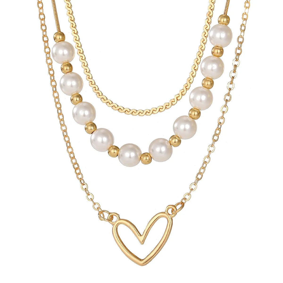 Vintage gold necklace with heart pendant on pearl chain, adjustable 41-50cm length