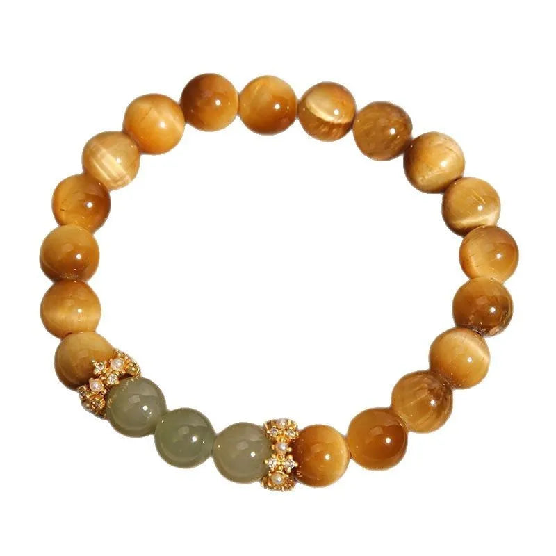 Natural yellow Tiger's Eye Hetian Jade bracelet in U-shape with gold gourd charm.