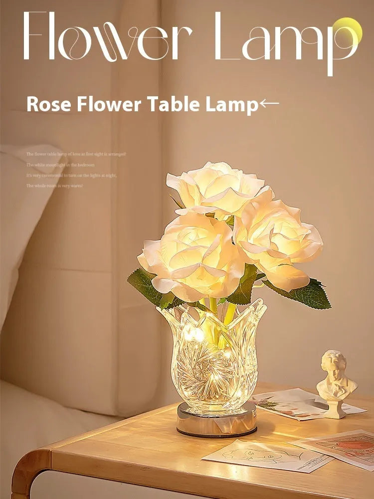 Crystal flowers decorative touch table lamp with USB charging cable on wooden bedside table